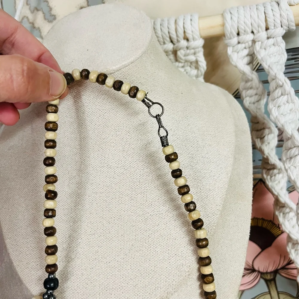 Vintage Carved Bone‎ Statement Necklace Beaded Bib Boho Hippie Style